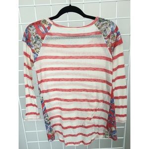 Red and Cream Striped tee with Floral accents